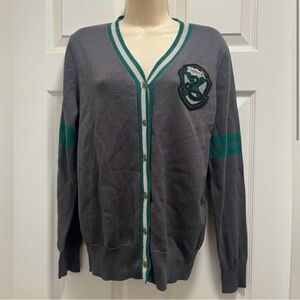 Harry Potter Slytherin Gray Cardigan Green/White Trim Button Up - Small - EUC